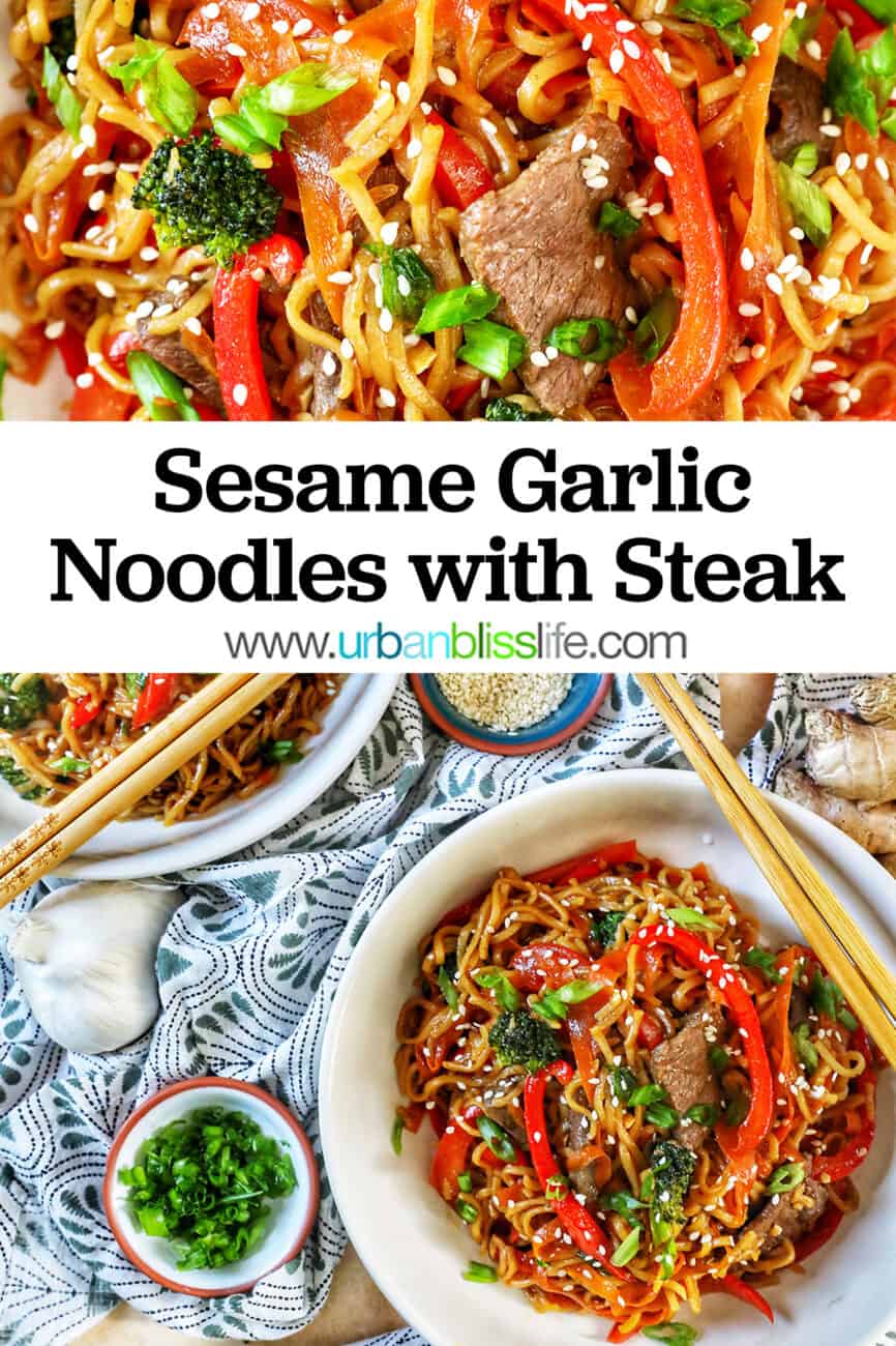 top photo is a close-up of sesame garlic noodles, then title text overlay, then noodles in a white bowl with chopsticks.