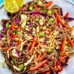 soba noodles with vegetables and peanut dressing in a bowl.