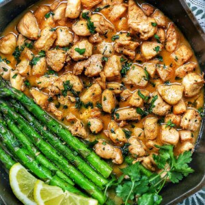 soy garlic butter chicken bites in a skillet.