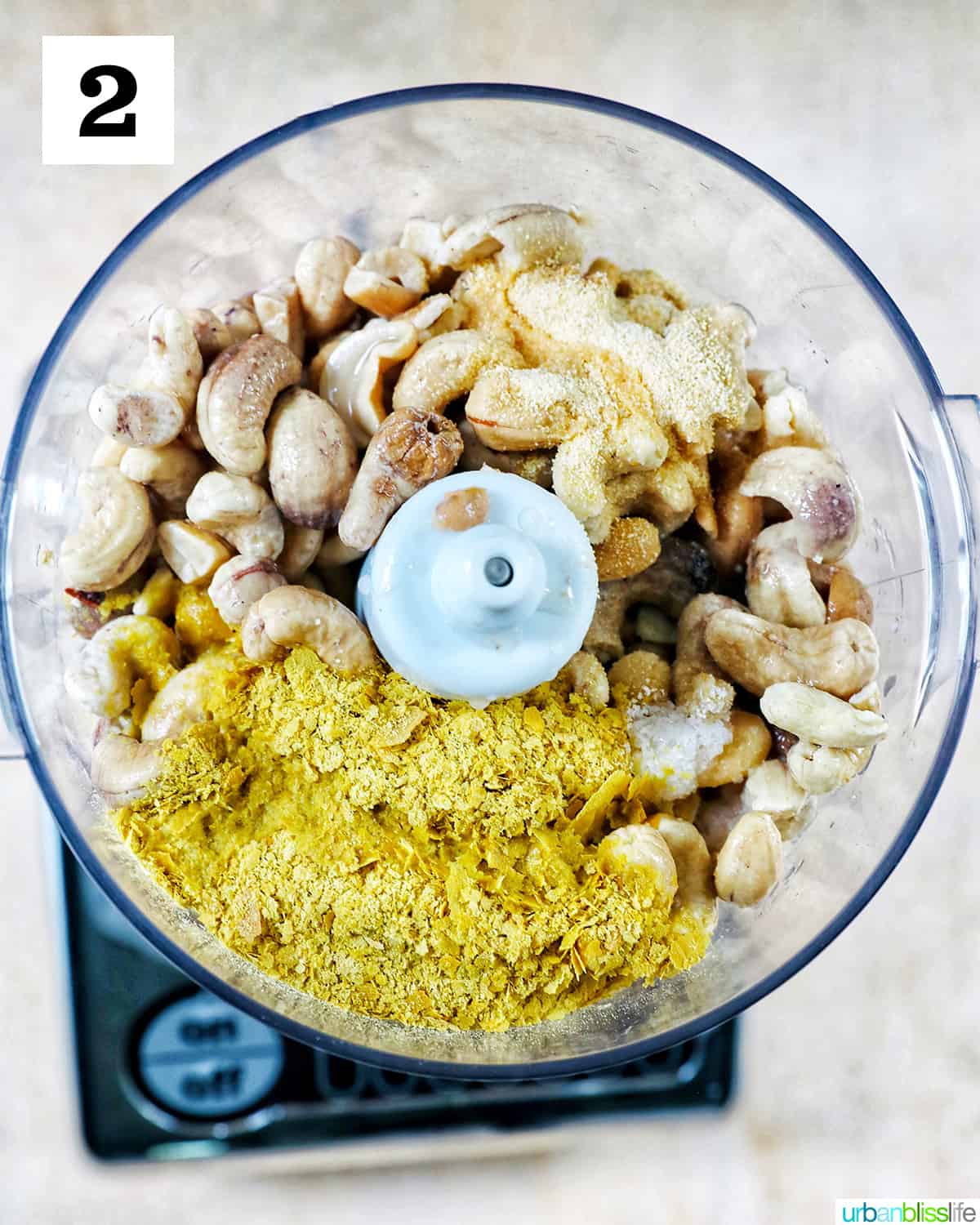 ingredients to make Vegan Cashew Cheese in a food processor before blending.
