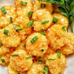 air fryer bang bang shrimp with scallions.