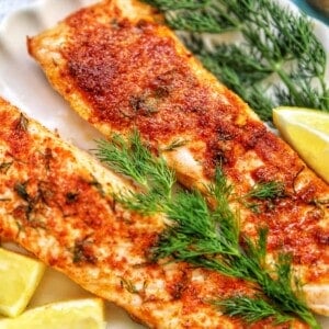 air fryer garlic salmon with lemon and herbs.