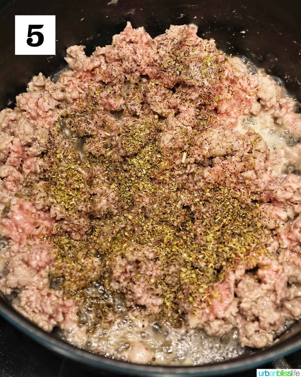dried basil and oregano added to ground turkey in a dutch oven.