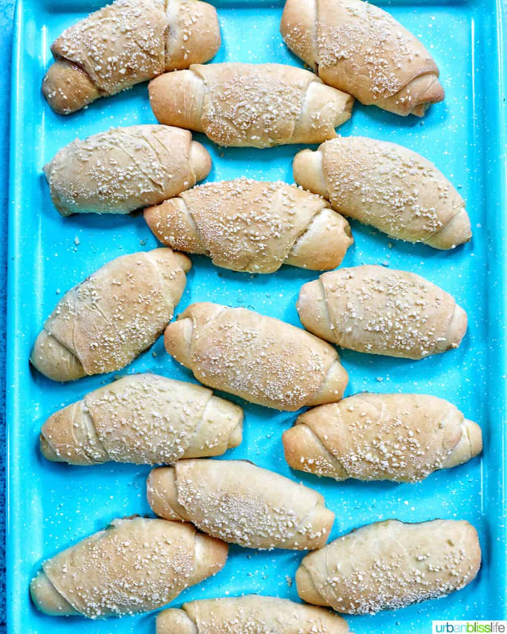 several freshly baked Filipino Spanish bread rolls with breadcrumbs on a bright blue baking sheet.