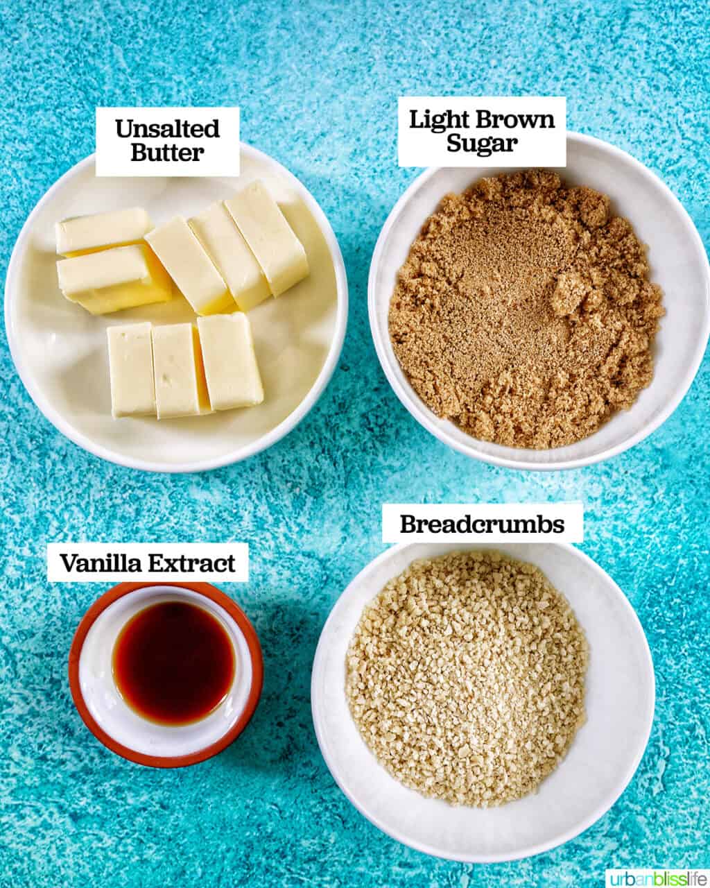 four bowls filled with ingredients to make the sweet filling for Filipino Spanish Bread