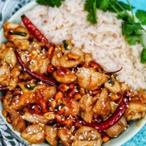 chopped chicken pieces in a kung pao sauce on rice in a white bowl with greens.
