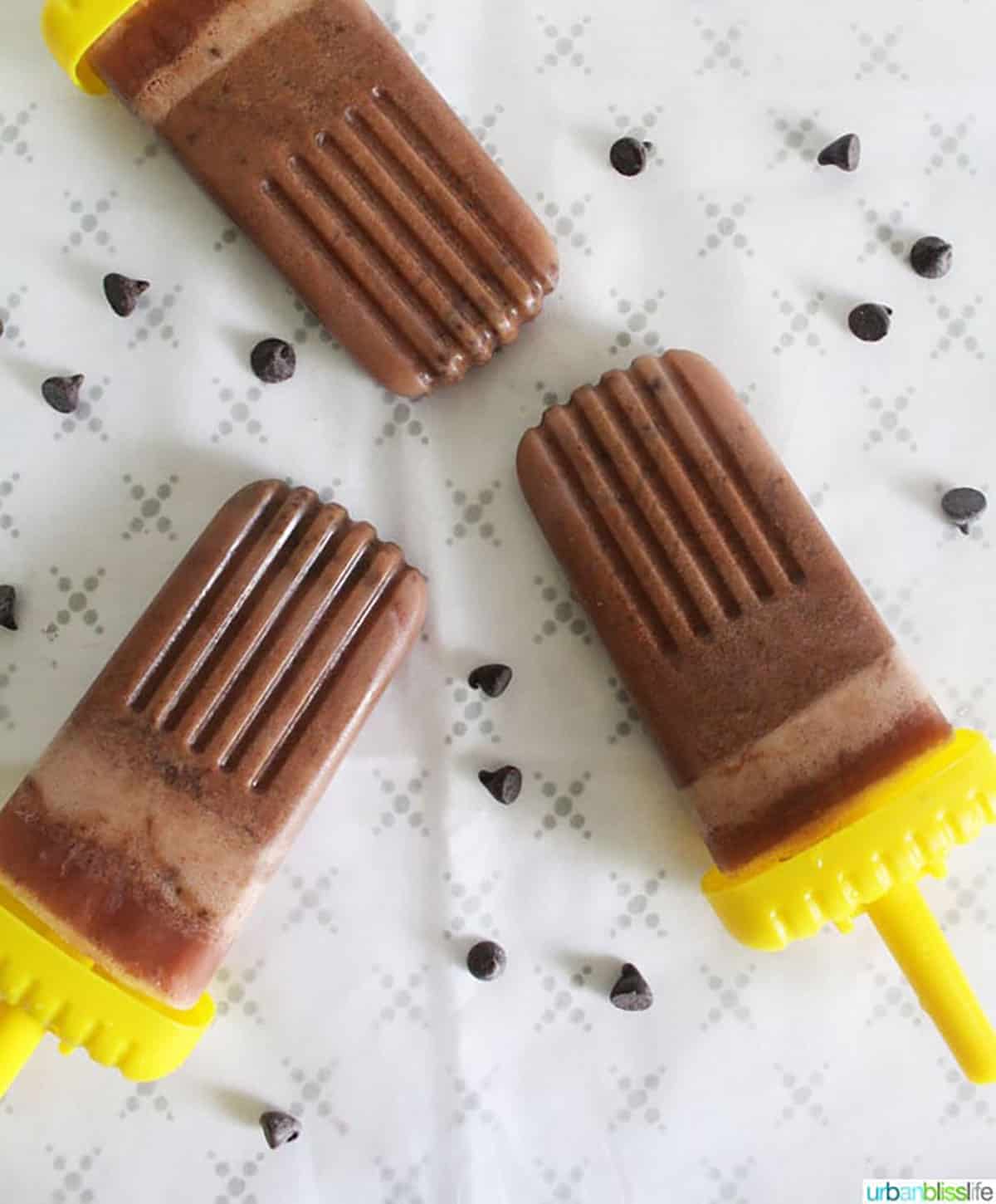 Three almondmilk Chocolate Peanut Butter Ice Pops.