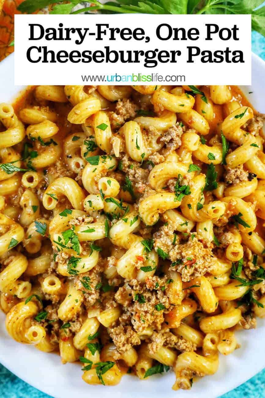 bowl of dairy free cheeseburger pasta with title text overlay.