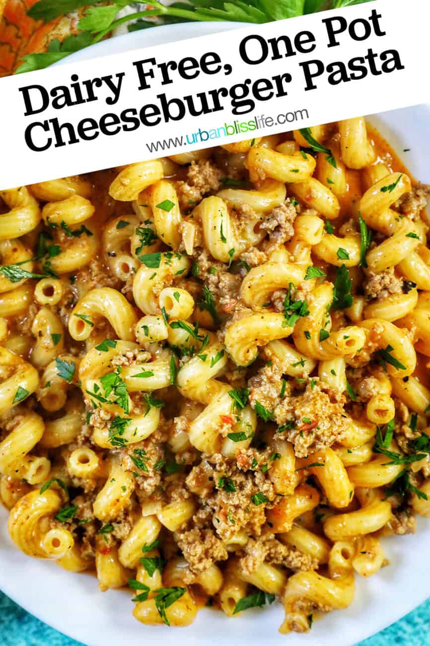 bowl of dairy free cheeseburger pasta with title text overlay.