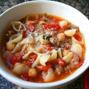 pasta fagioli soup in a white bowl.