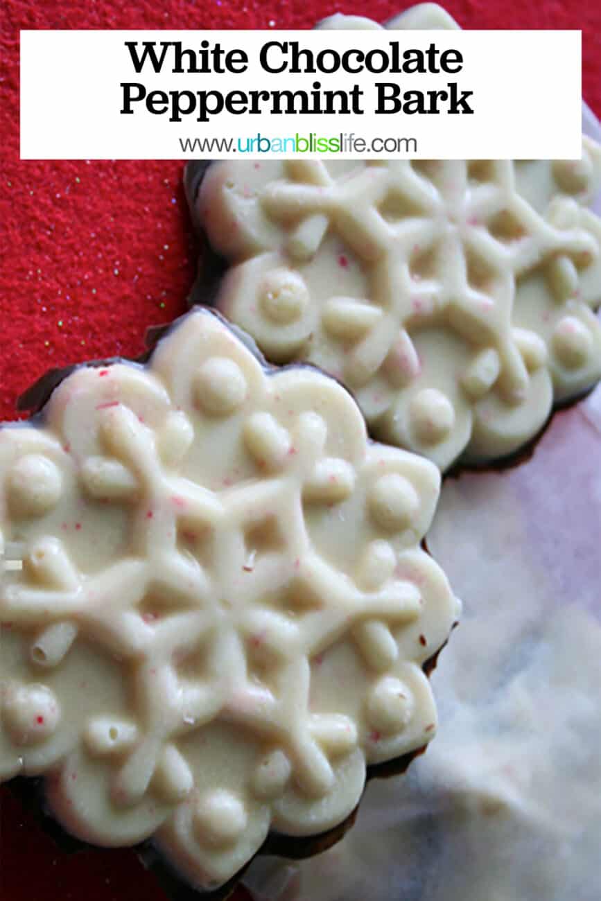 white chocolate peppermint bark with text overlay.