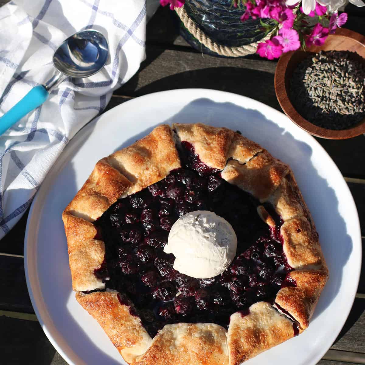 blueberry galette with vanilla ice cream.