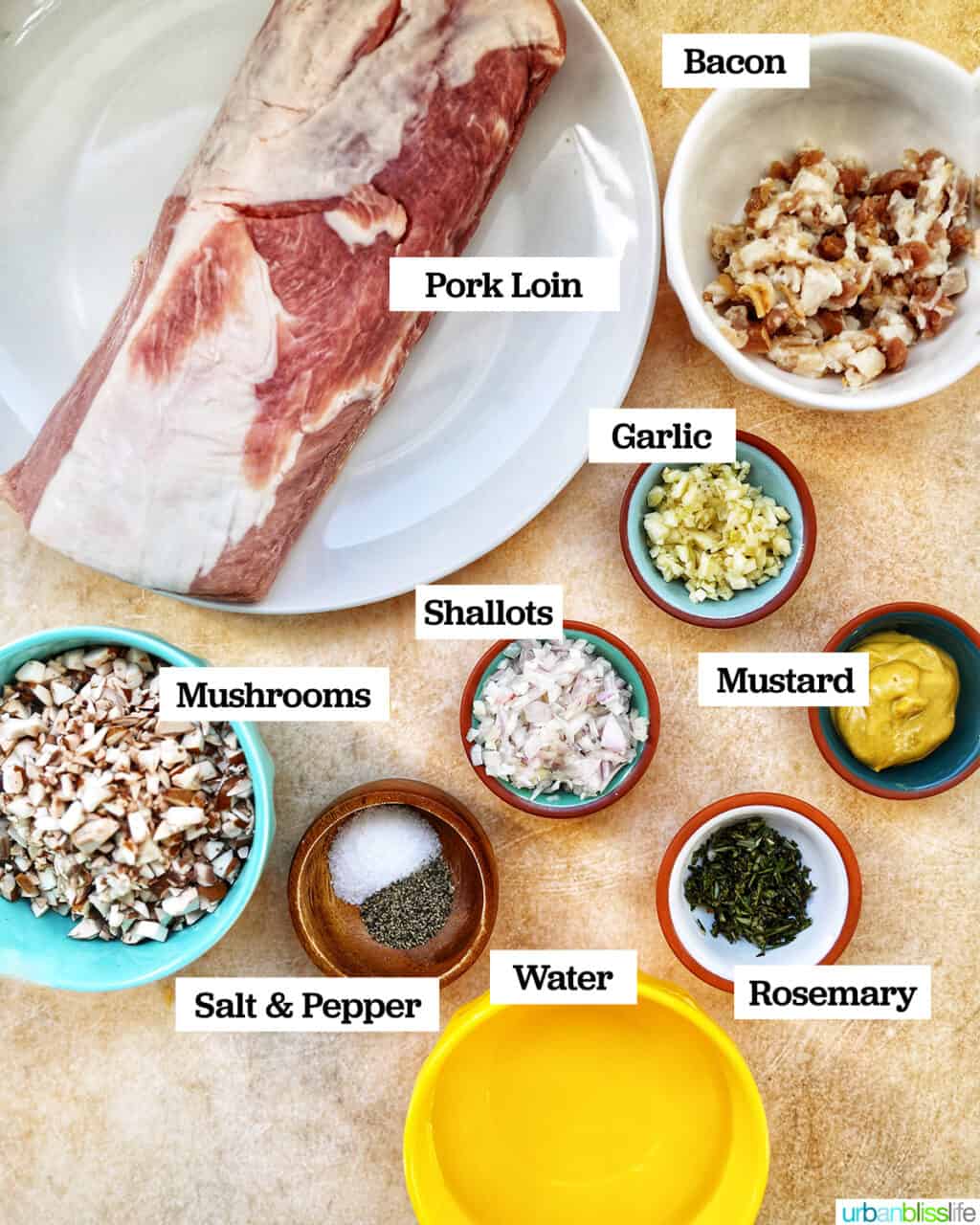 bowls of ingredients to make instant pot stuffed pork loin on a yellow table.