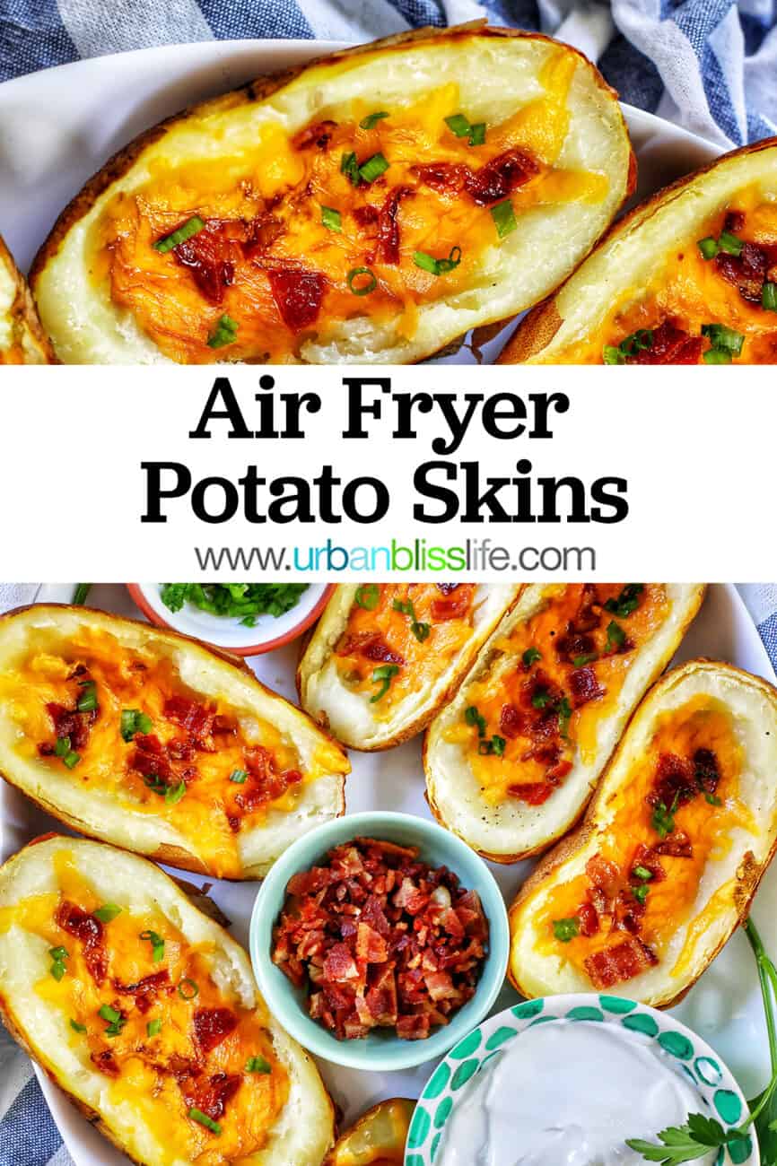 several air fryer potato skins with sides of green onions, bacon, and sour cream with title text overlay.