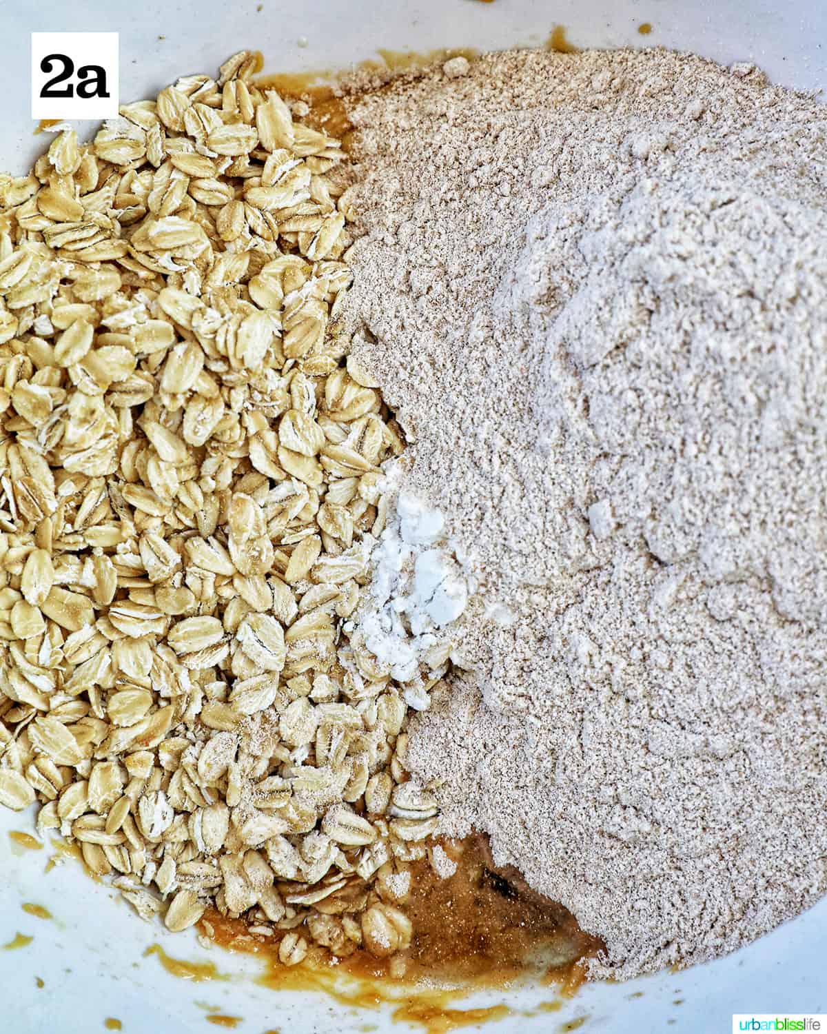 oats, flour, and leavener in a big bowl.