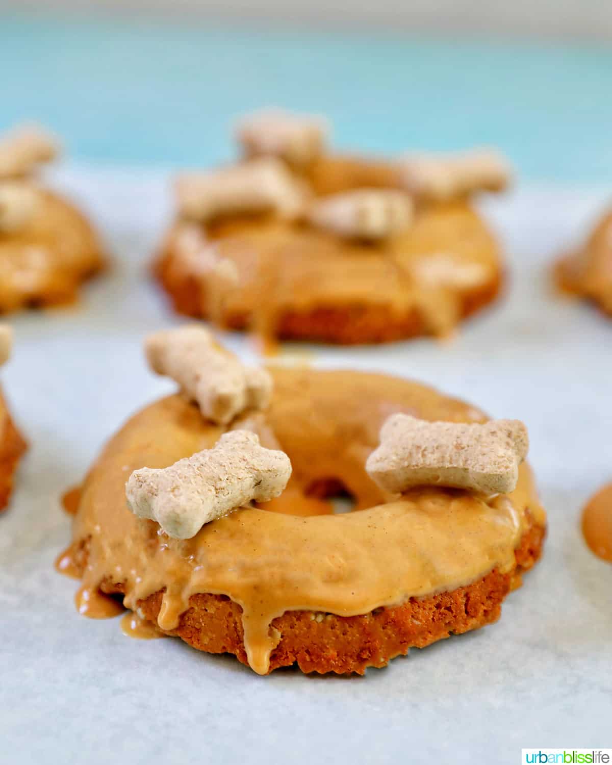 side view of dog donuts with glaze and topped with dog biscuits on parchment paper.
