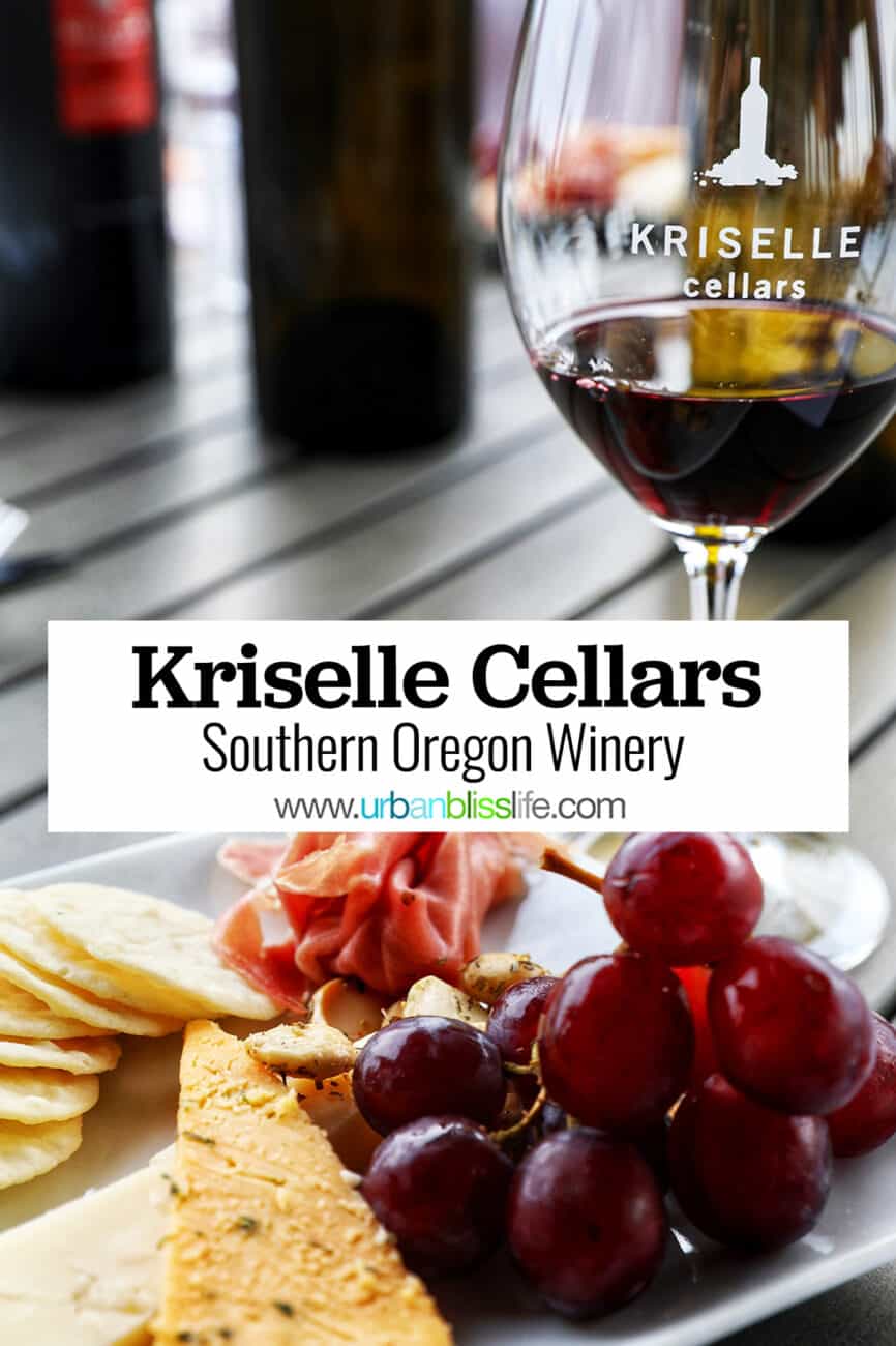 cheese and fruit plate with glass of red wine at Kriselle Cellars with title text overlay.
