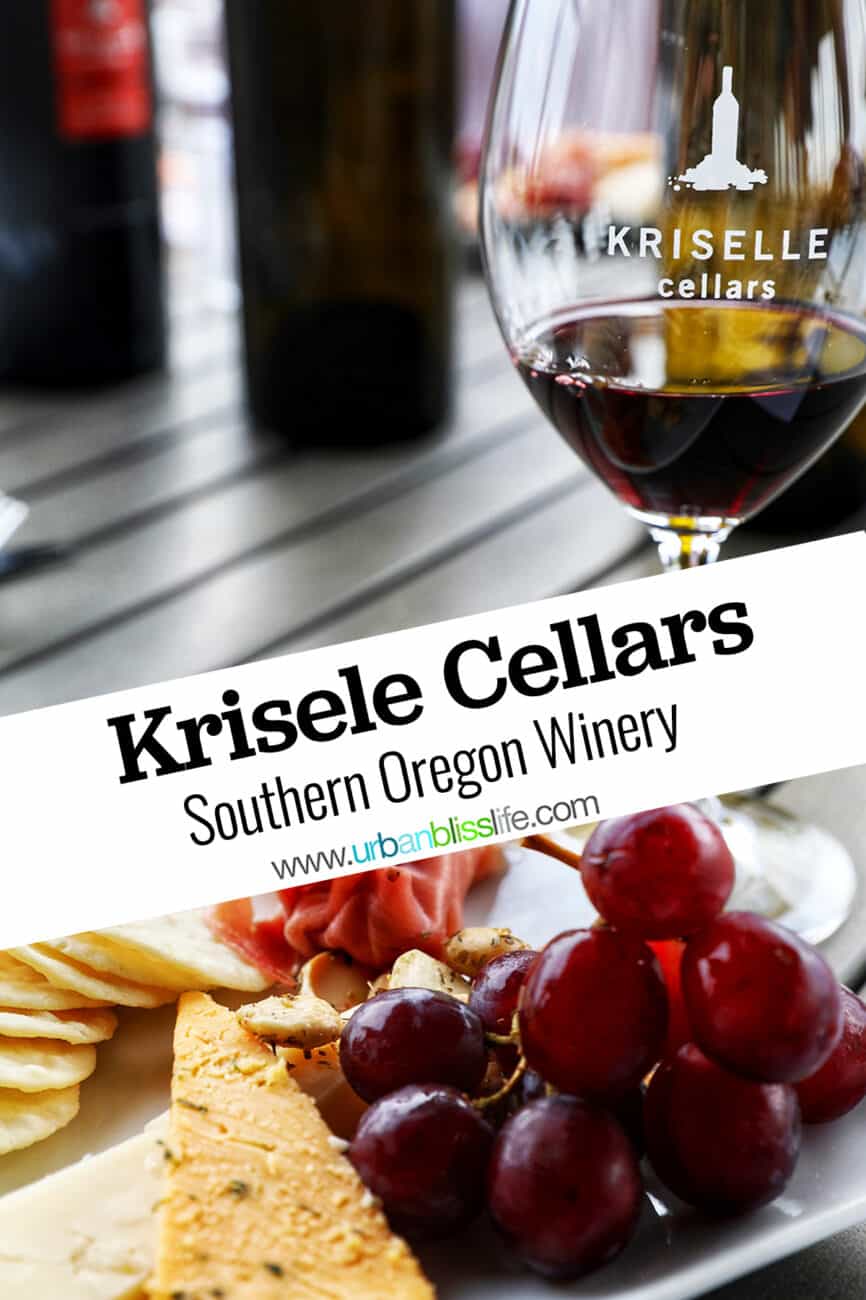 cheese and fruit plate with glass of red wine at Kriselle Cellars with title text overlay.