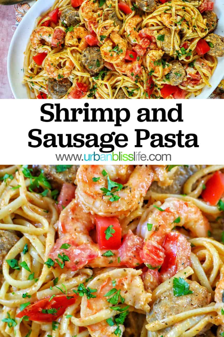Shrimp and Sausage Pasta in a large serving platter with title text overlay.