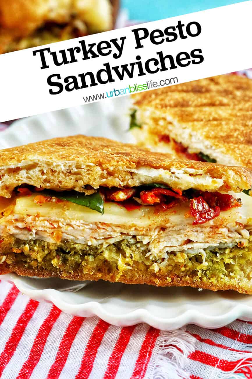 turkey pesto sandwich and sliders with title text overlay.