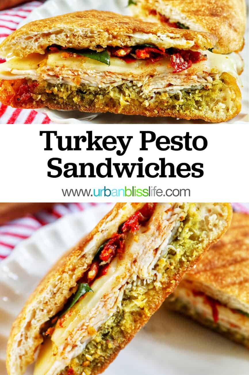 turkey pesto sandwich and sliders with title text overlay.