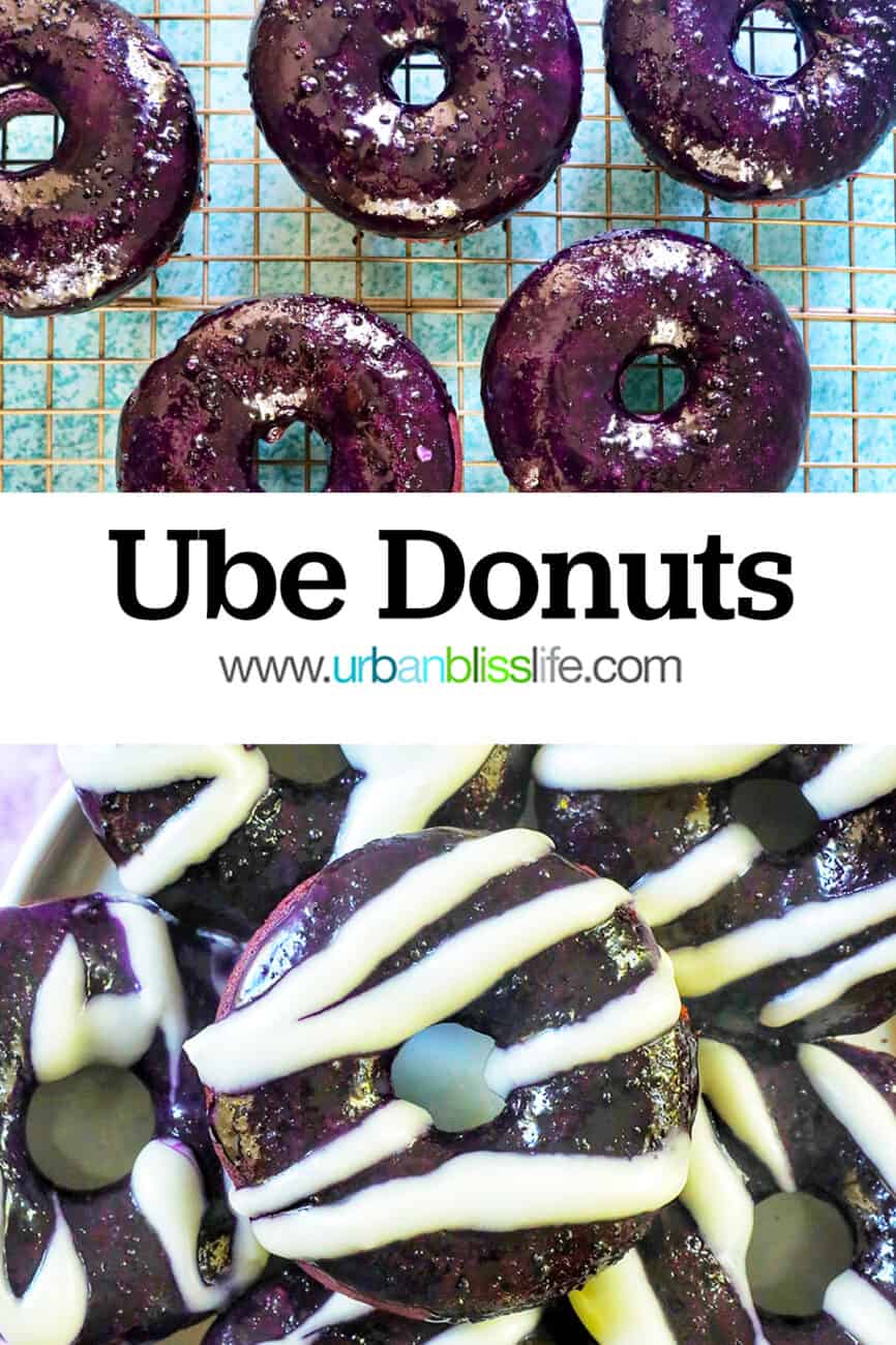 several ube donuts with ube glaze and white glaze drizzle and title text overlay.