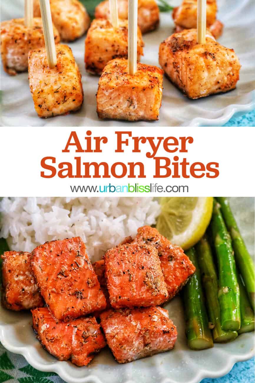 air fryer salmon bites with white rice, asparagus, and lemon slice with title text overlay.