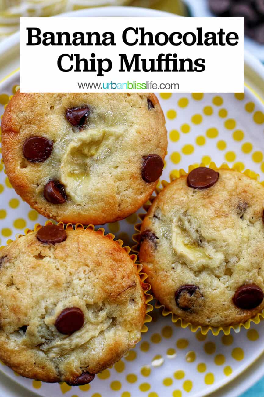three banana chocolate chip muffins with title text overlay.