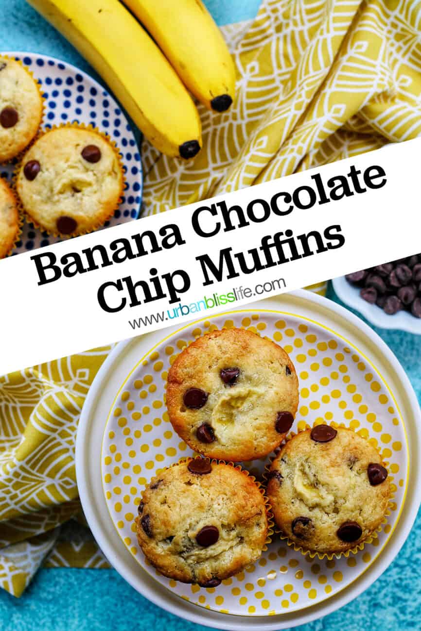 three banana chocolate chip muffins with title text overlay.