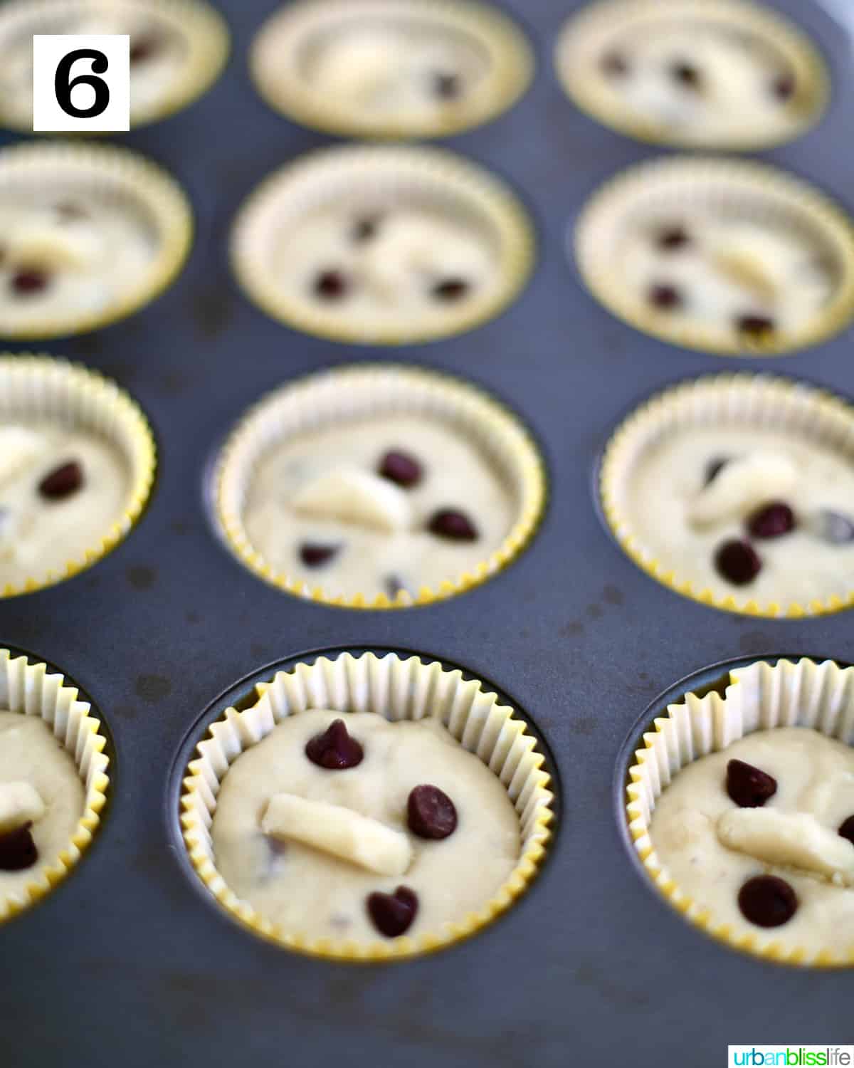 banana chocolate chip muffin batter in muffin tins.