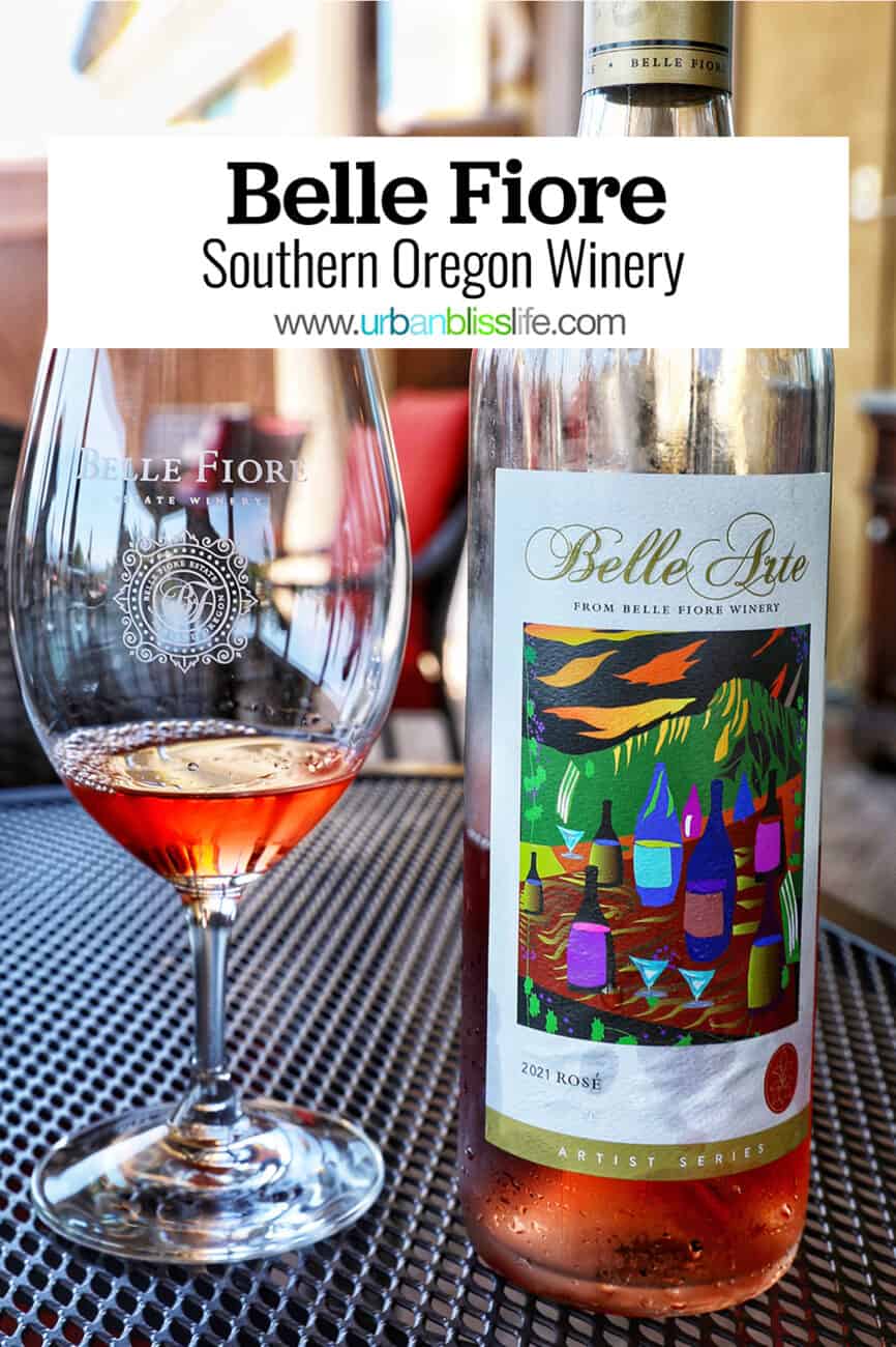 bottle and glass of belle fiore winery rosé wine with title text overlay.