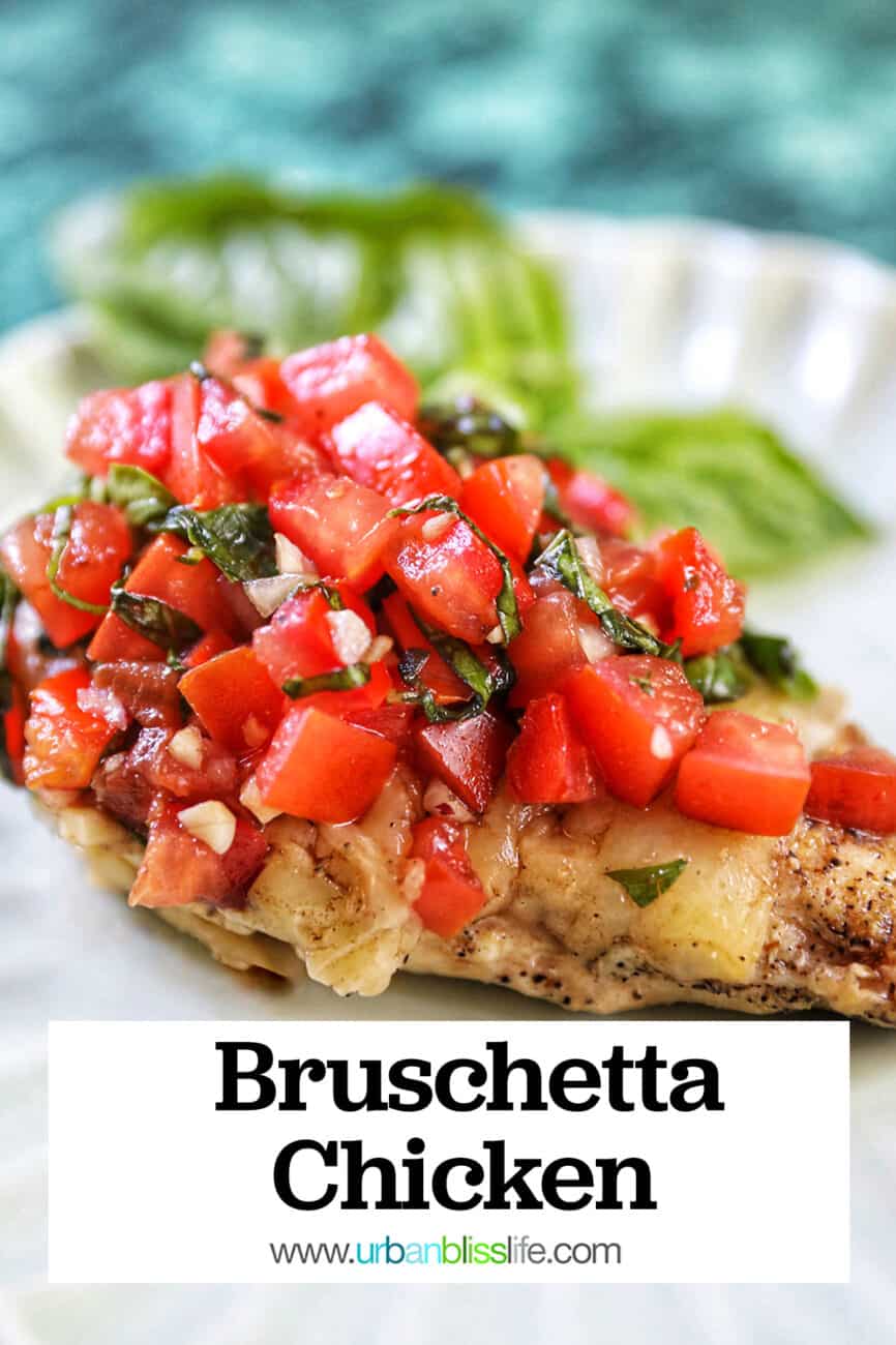 single bruschetta chicken on a white plate with basil leaves in the background and title text overlay.