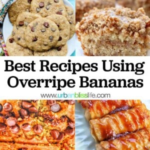 photo of four baked goods recipes using overripe bananas with title text.