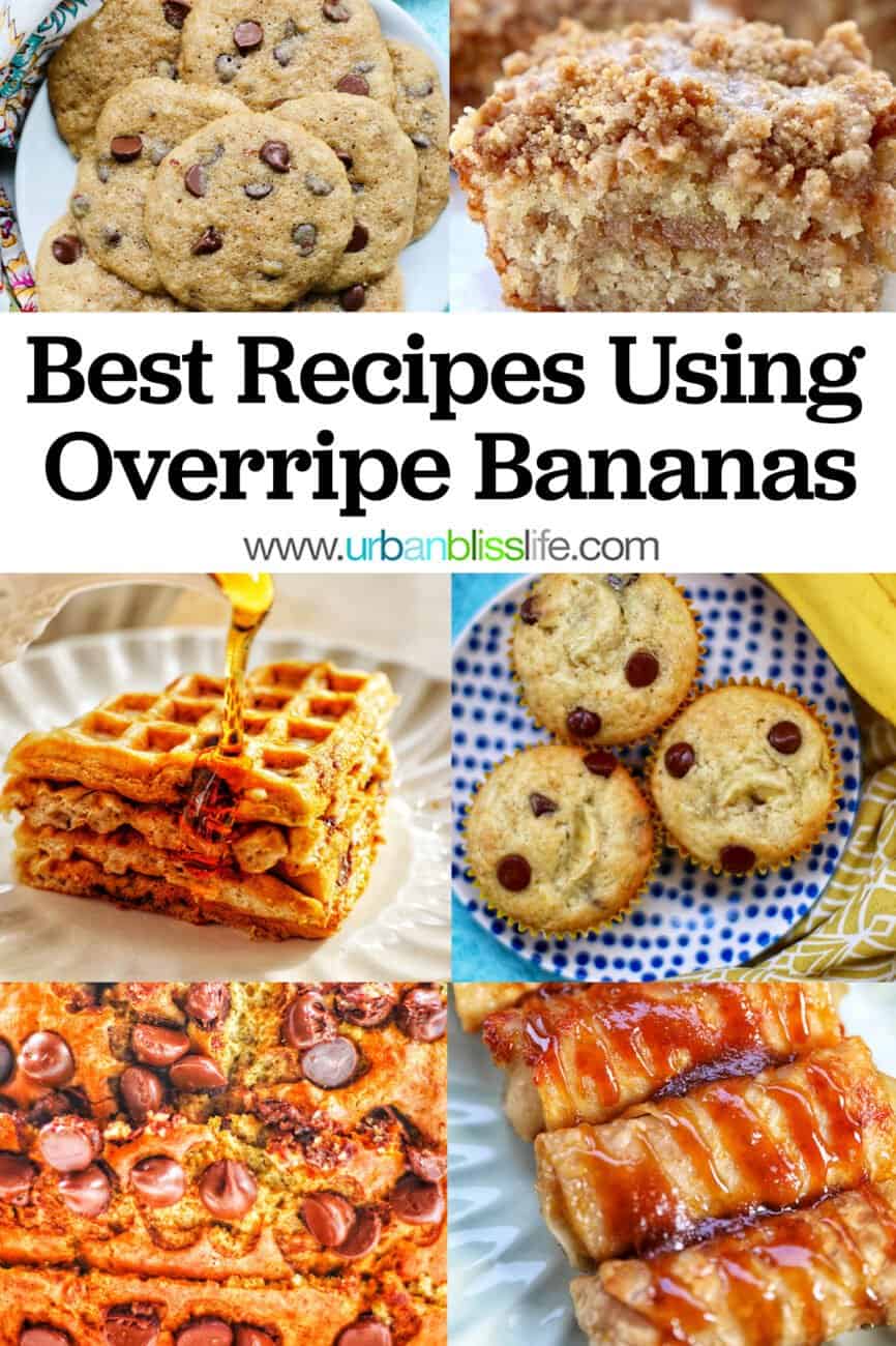 photo of four baked goods recipes using overripe bananas with title text.