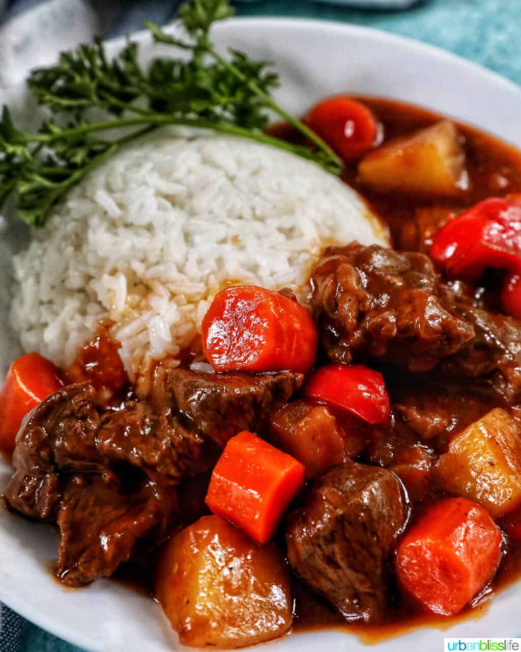 bowl of Filipino beef mechado with white rice and parsley.