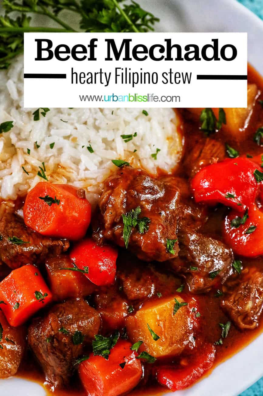 bowl of Filipino beef mechado with white rice and parsley with title text.