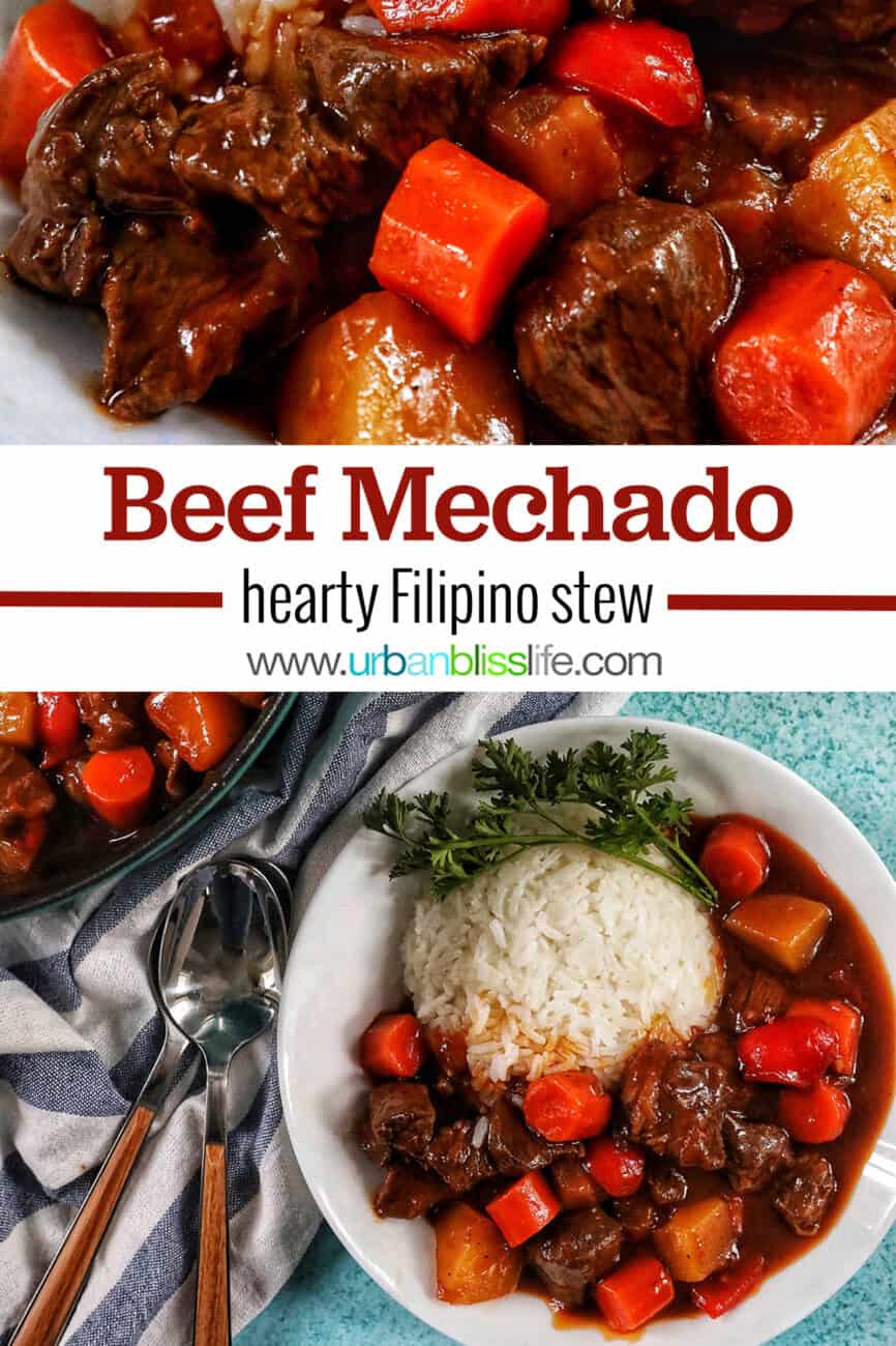 bowl of Filipino beef mechado with white rice and parsley with title text.