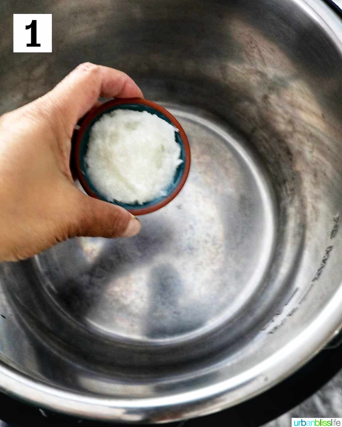 hand holding small bowl of coconut oil over an Instant Pot.