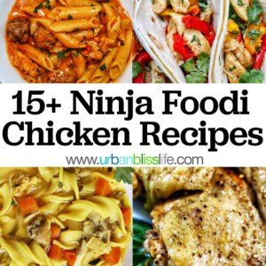 Ninja Foodi chicken recipes collage, including chicken thighs, chicken noodle soup, chicken fajitas, and cajun chicken pasta, with text overlay.