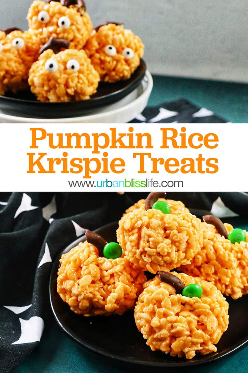 Pumpkin Rice Krispie Treats decorated two ways on black plates with text overlay.