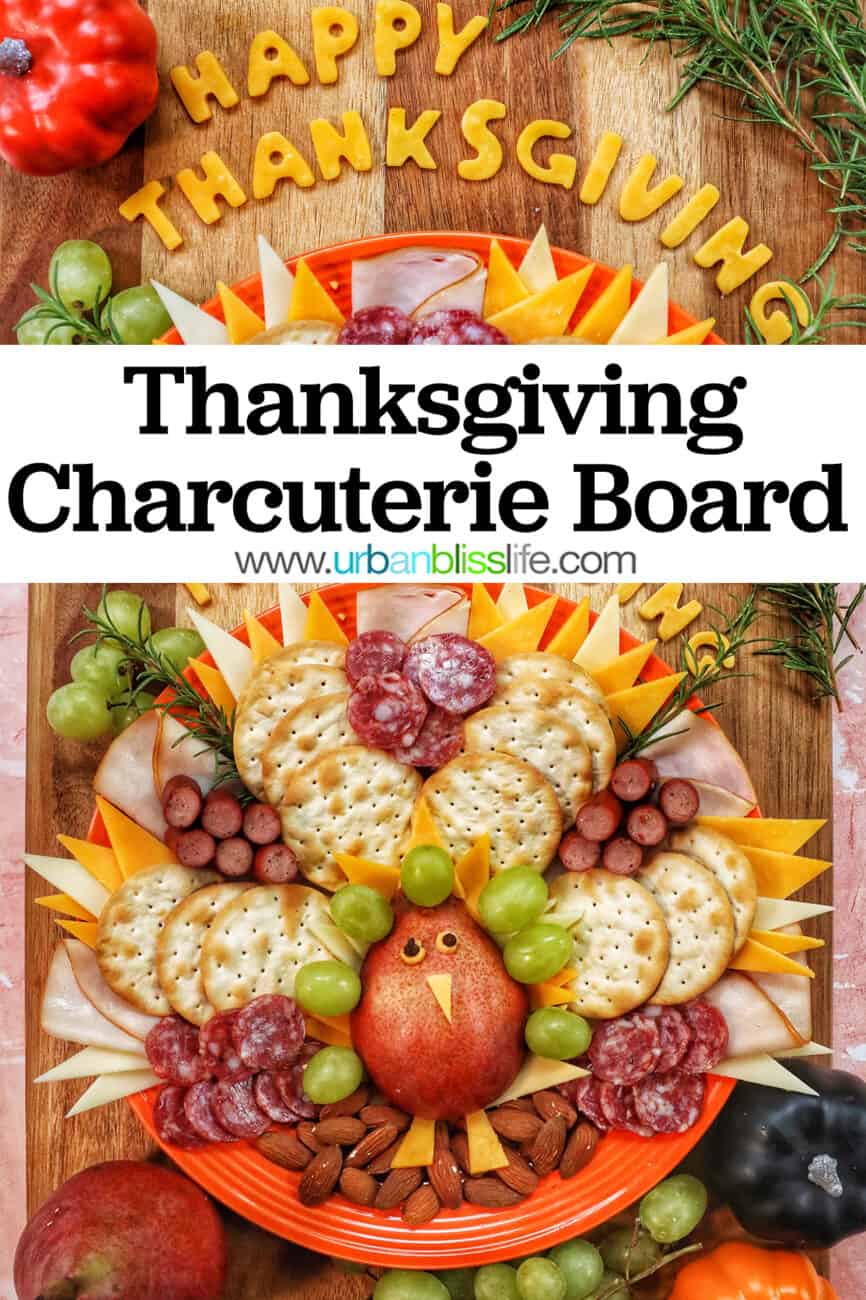 Thanksgiving turkey charcuterie board with title text overlay.