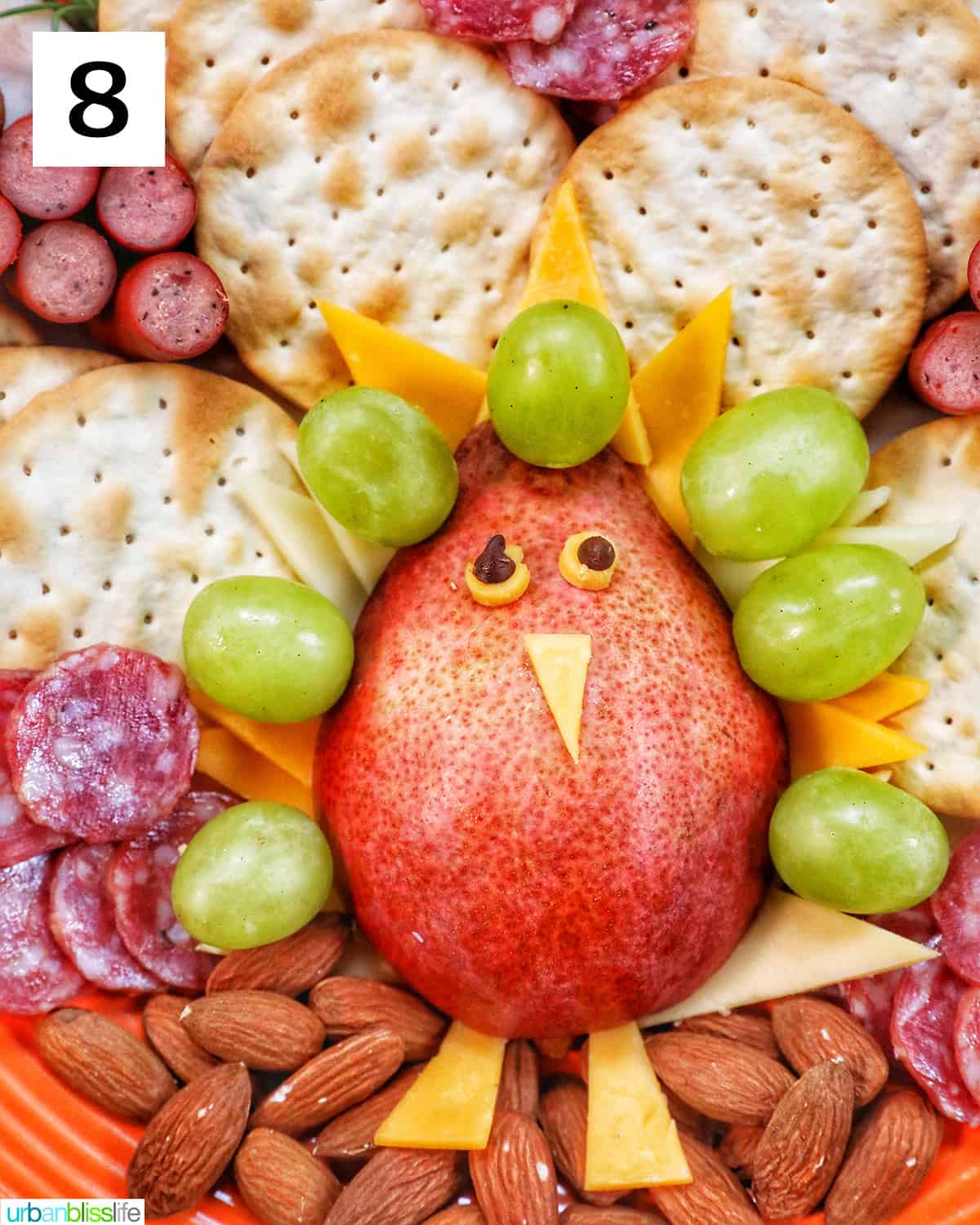 closeup of a fruit shaped to look like a turkey for thanksgiving.
