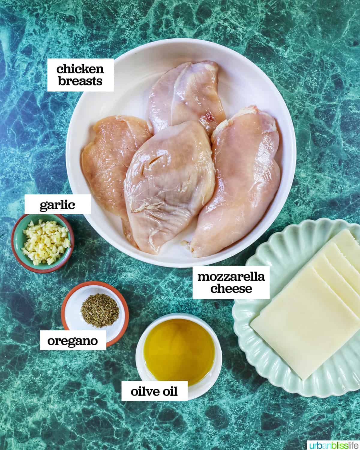 ingredients to make bruschetta chicken on a green table.