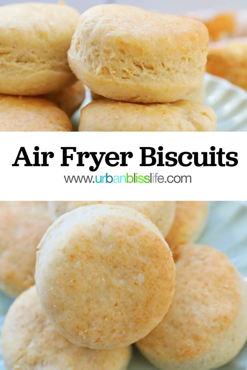 air fryer biscuits stacked on a plate.