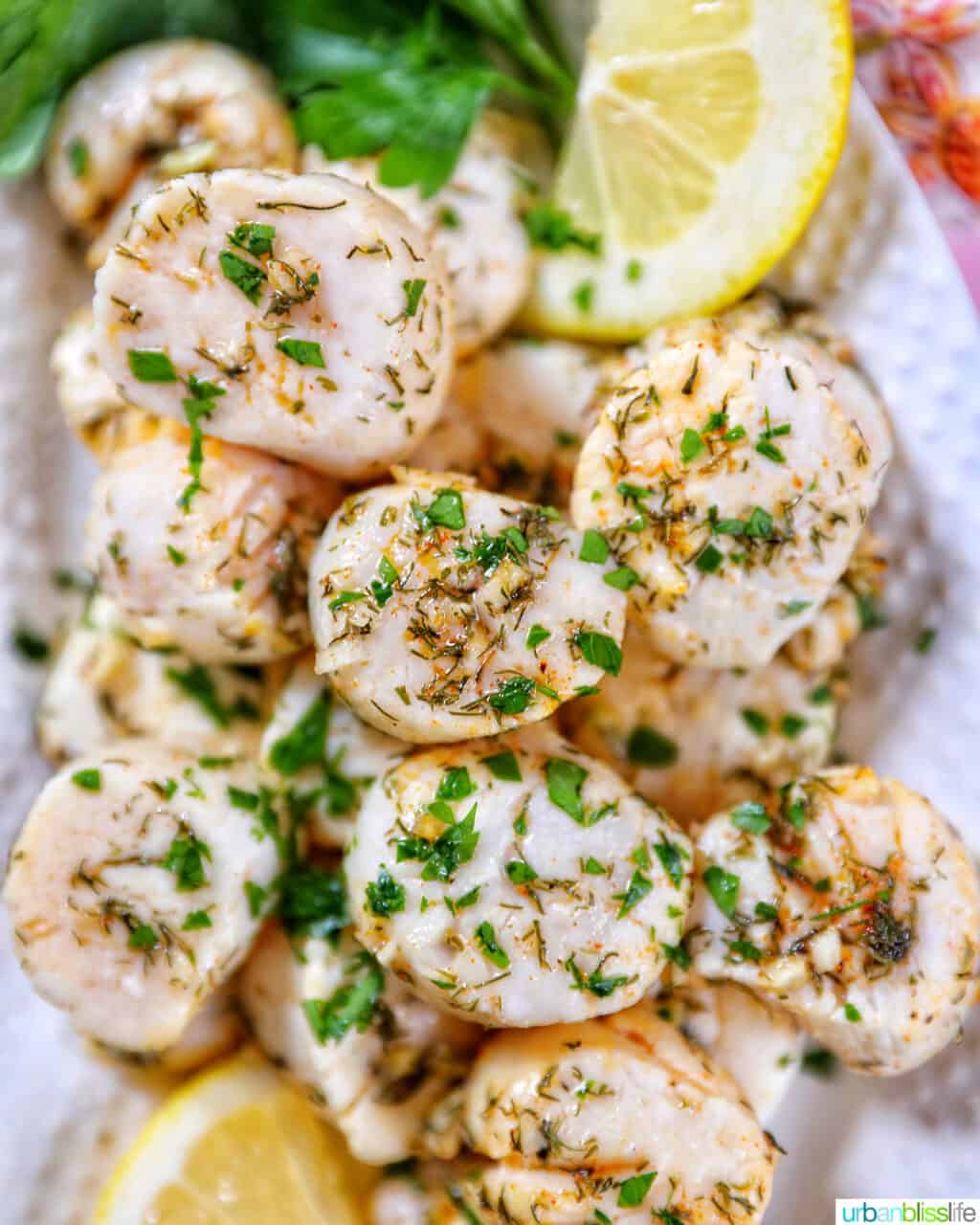several cooked scallops topped with herbs and garlic, with lemon slices and parsley, on a white plate.
