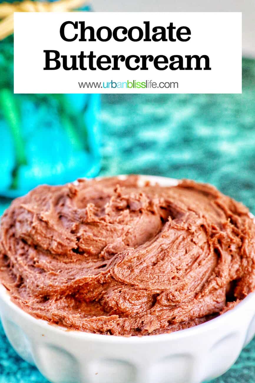 chocolate buttercream frosting in a white bowl on a green marble table with text overlay.