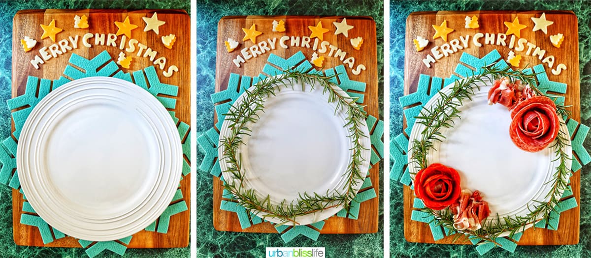 photo collage of steps 1-3 to making a Christmas charcuterie board.