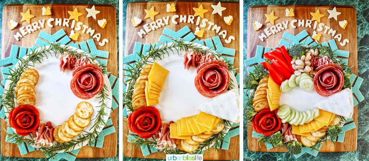photo collage of steps 4-6 of making a Christmas charcuterie board.