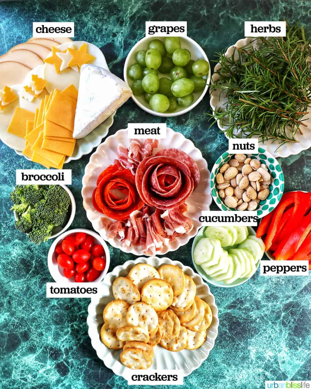 meats, cheeses, veggies, fruits to make a holiday charcuterie board.
