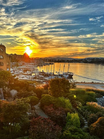 sunset view of Victoria Harbour from a room at the Inn at Laurel Point